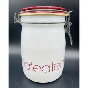 Vintage Wheaton Milk Glass Tea Canister Kitchen Storage White Red Bail Lid 5.75”